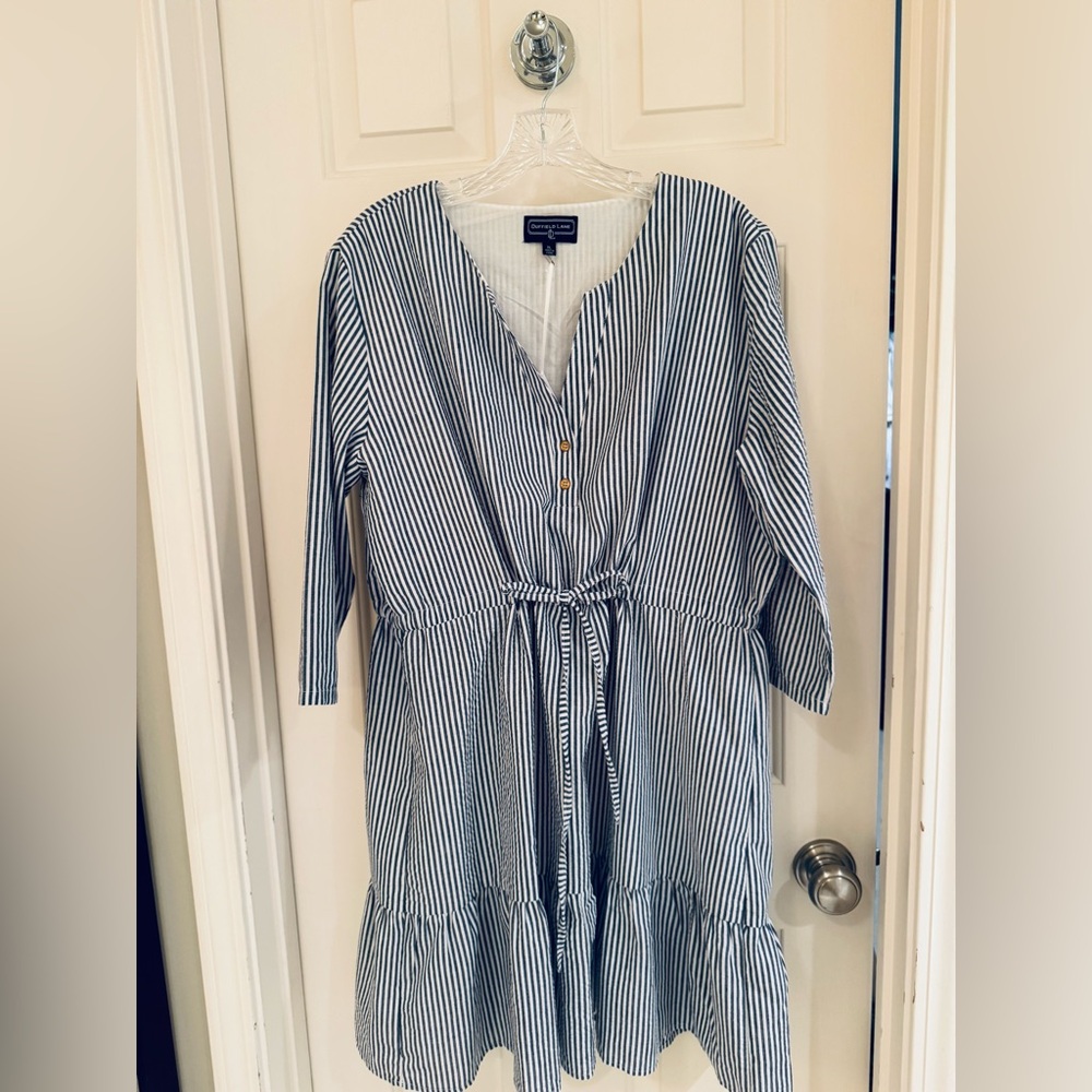 Duffield Lane Shannon dress, navy & white stripe seersucker with 3/4 sleeves